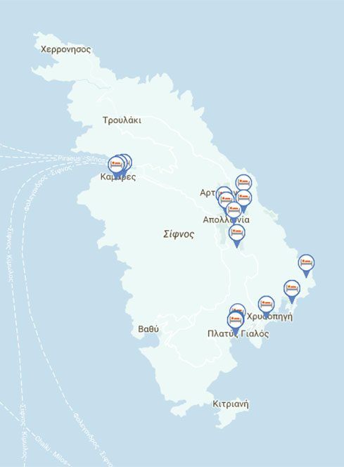 Karta med hotell och rum på Sifnos, Kykladerna